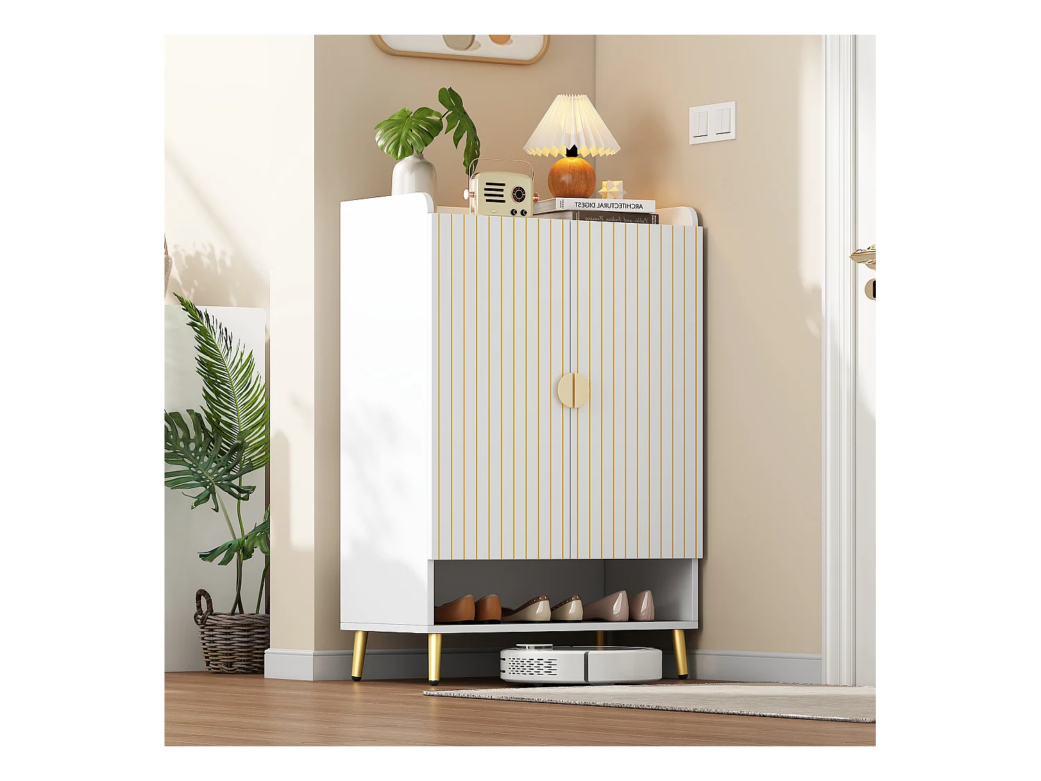 Moderner Schuhschrank mit 2 Türen - 75 x 110 x 37 cm - 3-stöckiges Regal + offene Schublade unten - MDF - Weiß