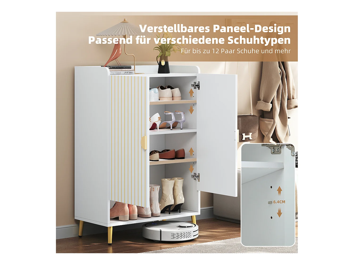 Moderner Schuhschrank mit 2 Türen - 75 x 110 x 37 cm - 3-stöckiges Regal + offene Schublade unten - MDF - Weiß