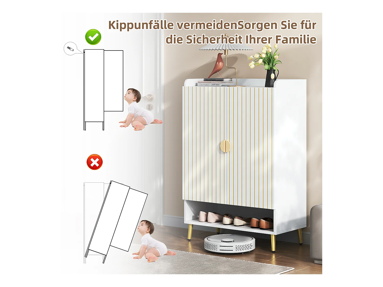 Moderner Schuhschrank mit 2 Türen - 75 x 110 x 37 cm - 3-stöckiges Regal + offene Schublade unten - MDF - Weiß