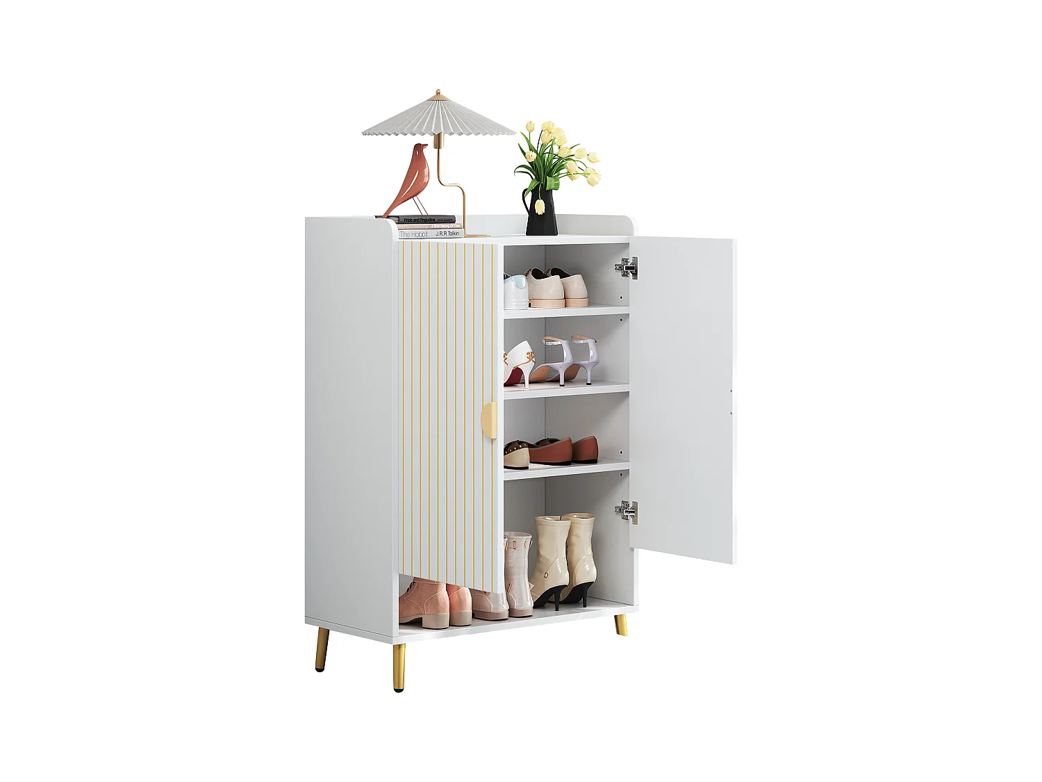 Moderner Schuhschrank mit 2 Türen - 75 x 110 x 37 cm - 3-stöckiges Regal + offene Schublade unten - MDF - Weiß