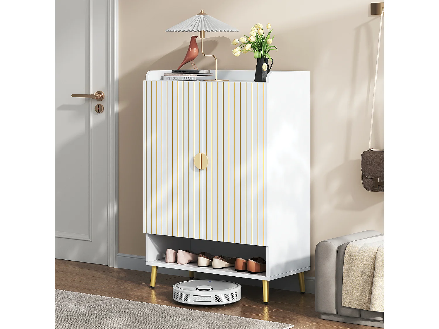 Meuble à chaussures moderne à 2 portes - 75 x 110 x 37 cm - étagère à 3 niveaux + tiroir inférieur ouvert - MDF - Blanc