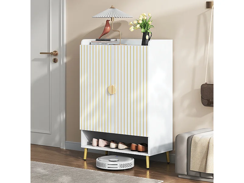 Meuble à chaussures moderne à 2 portes - 75 x 110 x 37 cm - étagère à 3 niveaux + tiroir inférieur ouvert - MDF - Blanc