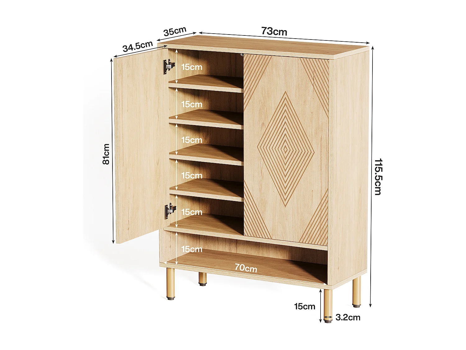 Armoire à chaussures avec 2 portes, 73 x 35 x 115 cm, 6 étages pour 25 paires de chaussures