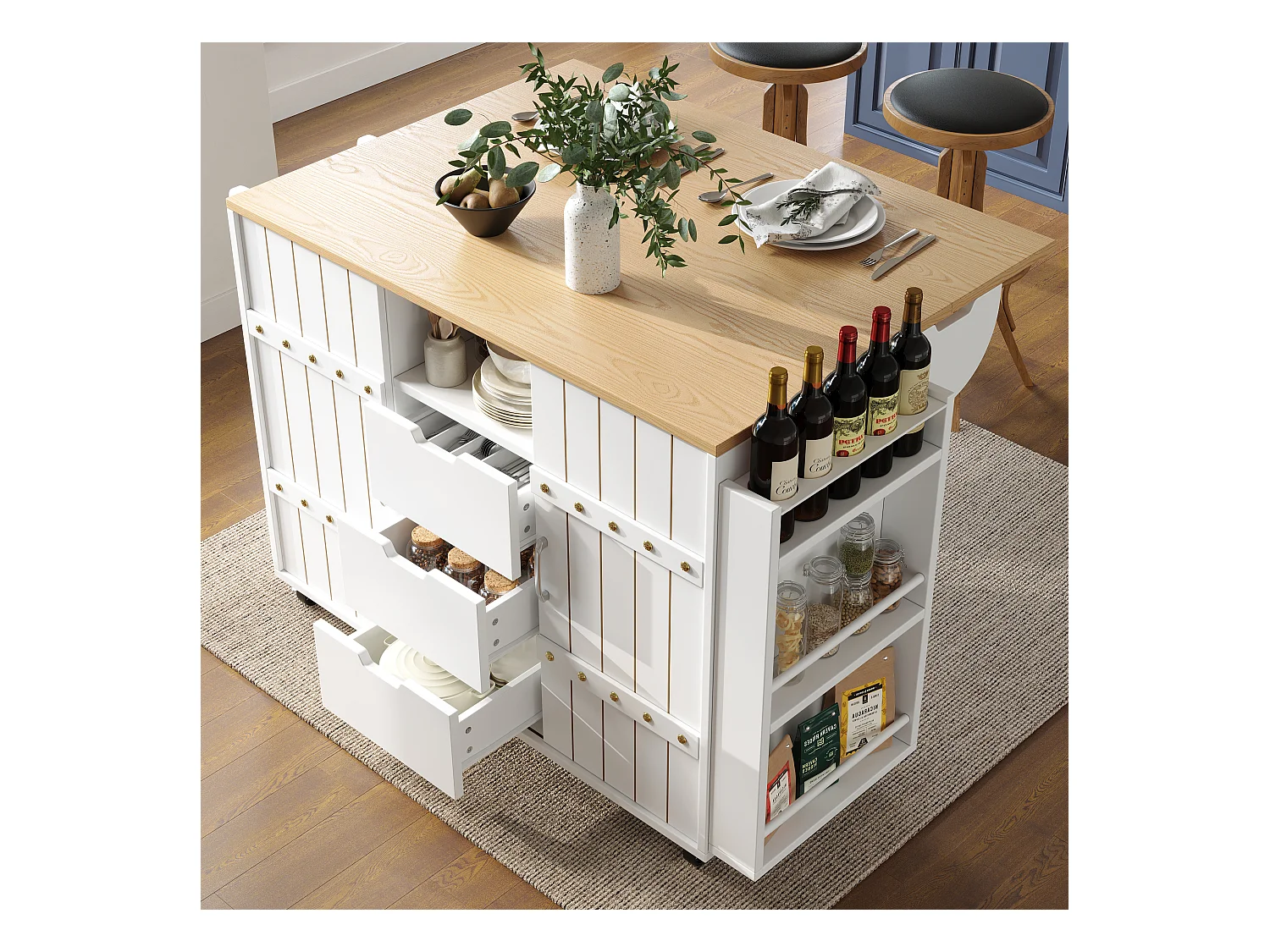 Meuble de cuisine avec porte - 110 x 42 x 90 cm - desserte de cuisine avec 3 tiroirs - MDF - Blanc