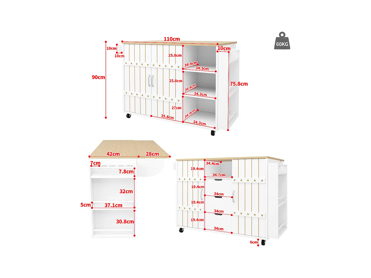 Küchenschrank mit Tür - 110 x 42 x 90 cm - Küchenwagen mit 3 Schubladen - MDF - Weiß