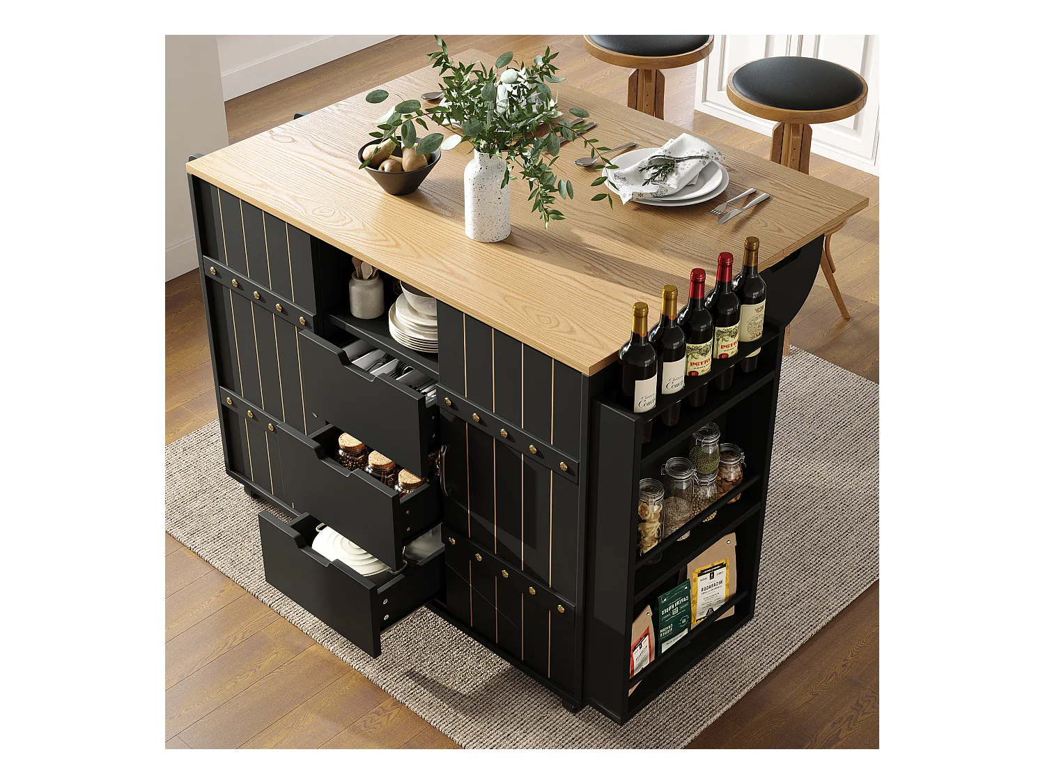Armário de cozinha com porta - 110 x 42 x 90 cm - carrinho de cozinha com 3 gavetas - MDF - preto