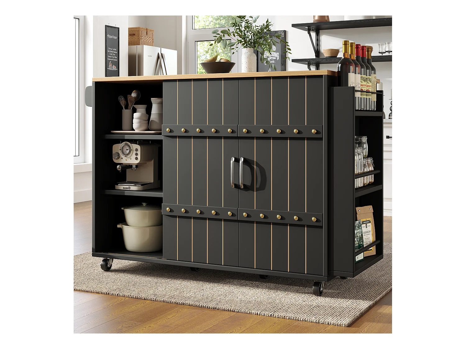 Küchenschrank mit Tür - 110 x 42 x 90 cm - Küchenwagen mit 3 Schubladen - MDF - schwarz