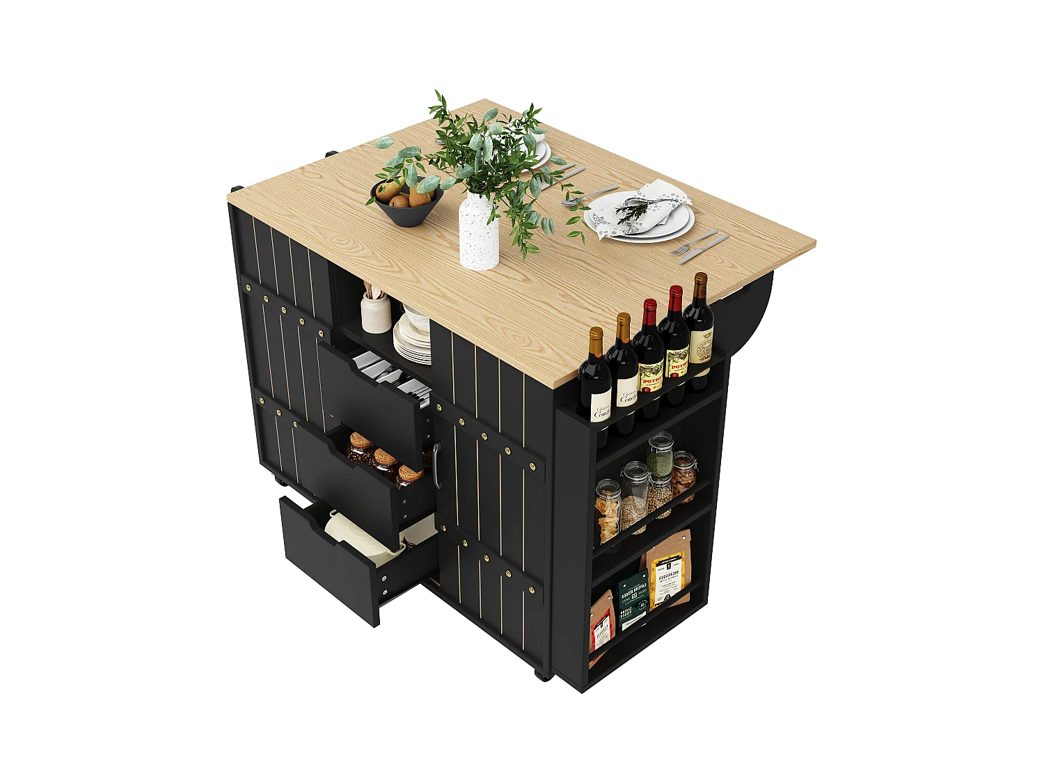Küchenschrank mit Tür - 110 x 42 x 90 cm - Küchenwagen mit 3 Schubladen - MDF - schwarz