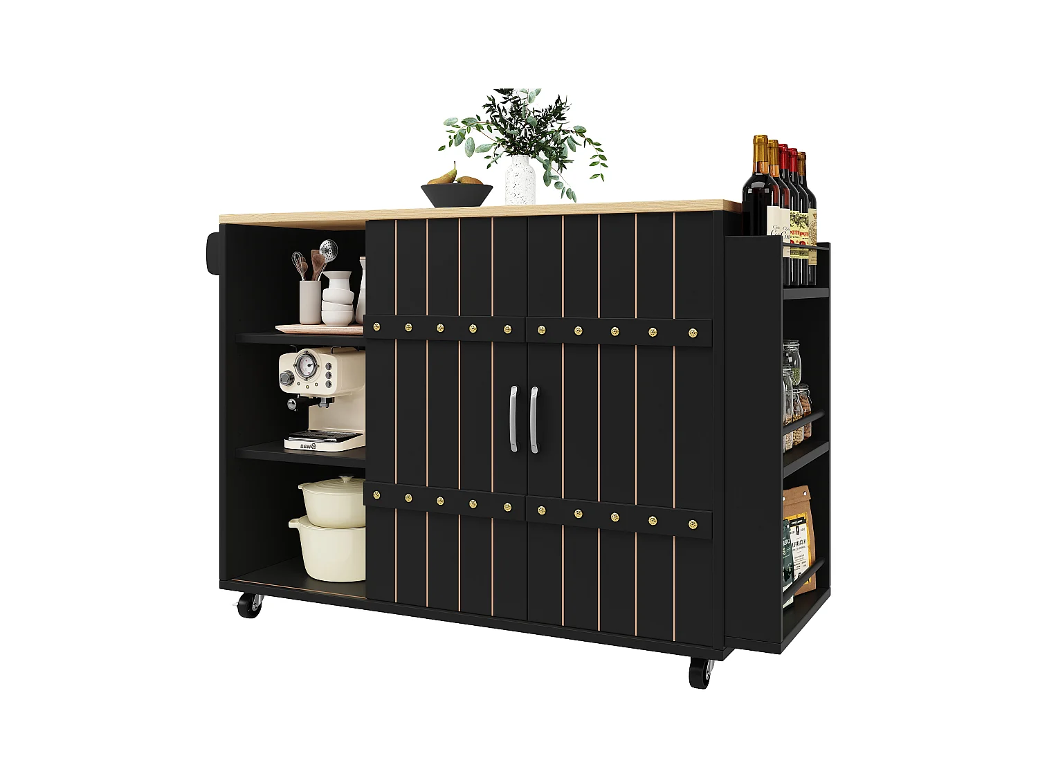 Küchenschrank mit Tür - 110 x 42 x 90 cm - Küchenwagen mit 3 Schubladen - MDF - schwarz