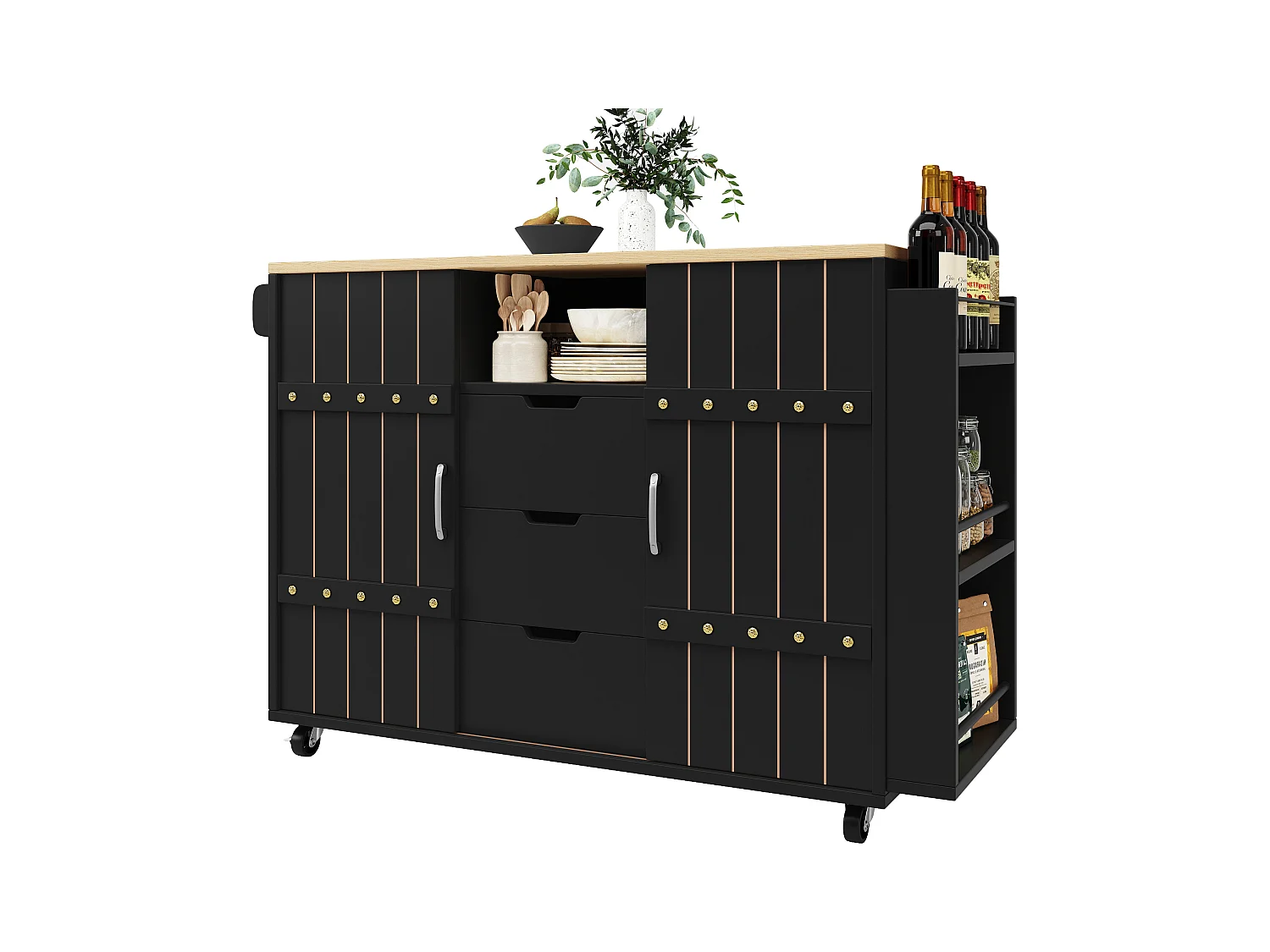 Küchenschrank mit Tür - 110 x 42 x 90 cm - Küchenwagen mit 3 Schubladen - MDF - schwarz