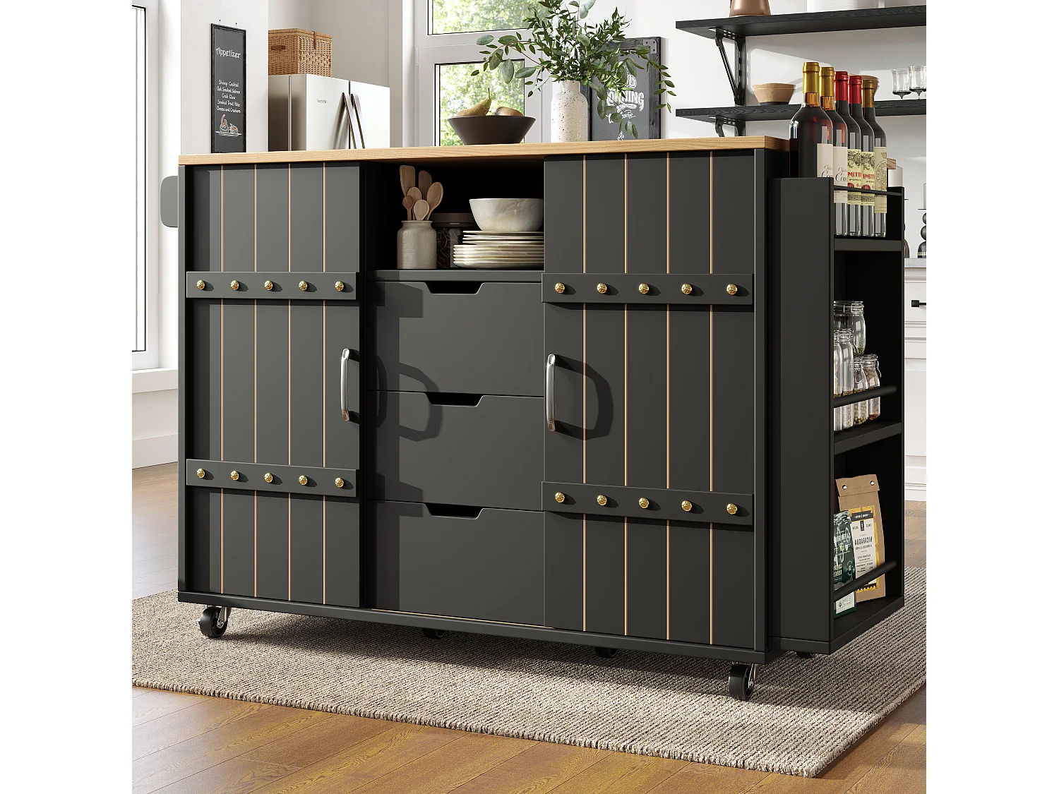 Armário de cozinha com porta - 110 x 42 x 90 cm - carrinho de cozinha com 3 gavetas - MDF - preto