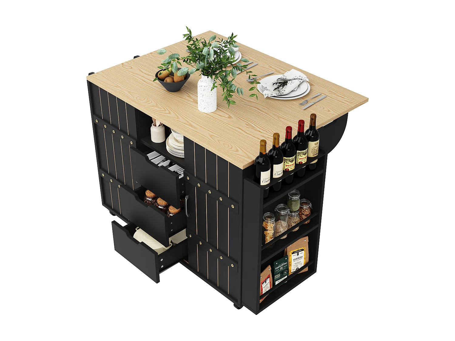 Armário de cozinha com porta - 110 x 42 x 90 cm - carrinho de cozinha com 3 gavetas - MDF - preto