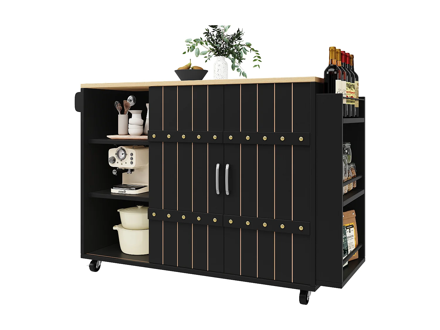 Armário de cozinha com porta - 110 x 42 x 90 cm - carrinho de cozinha com 3 gavetas - MDF - preto