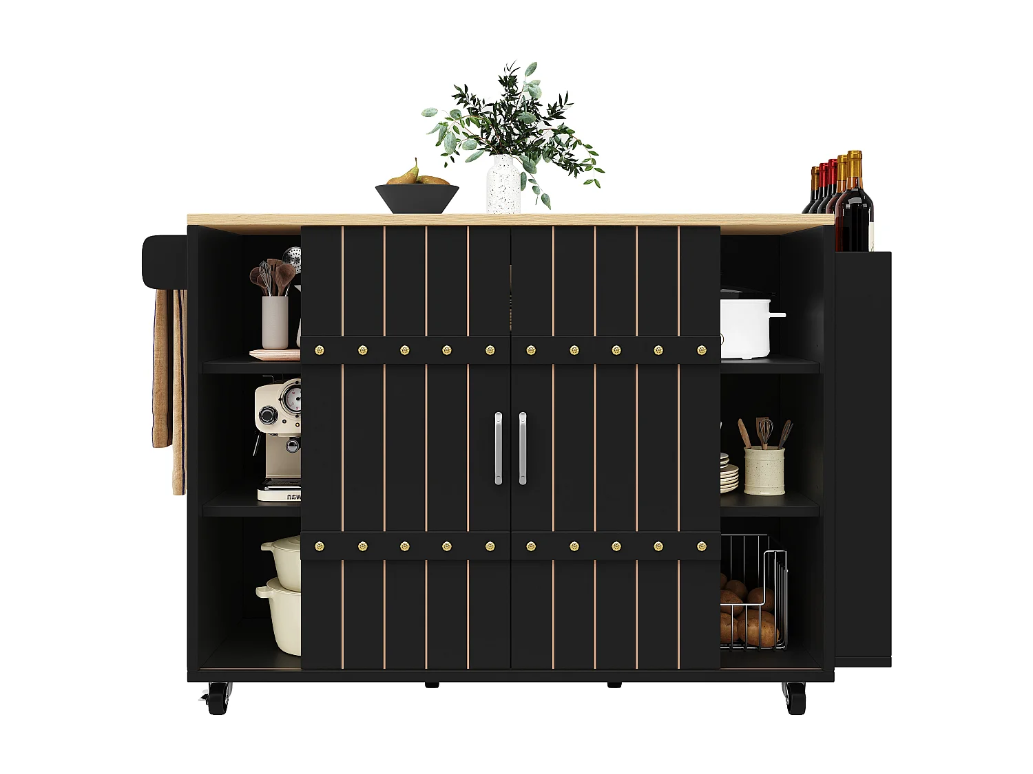 Armário de cozinha com porta - 110 x 42 x 90 cm - carrinho de cozinha com 3 gavetas - MDF - preto