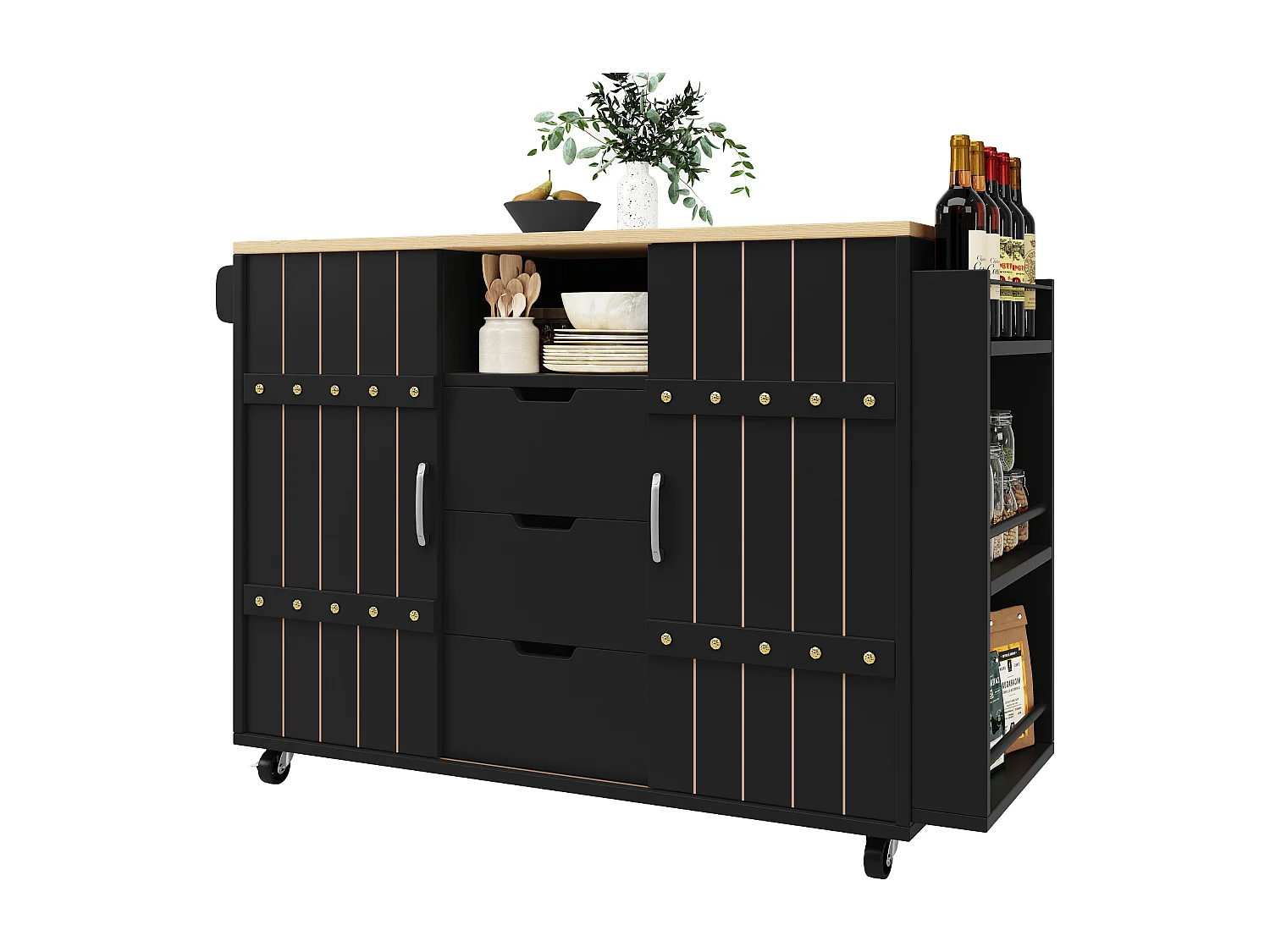 Armário de cozinha com porta - 110 x 42 x 90 cm - carrinho de cozinha com 3 gavetas - MDF - preto