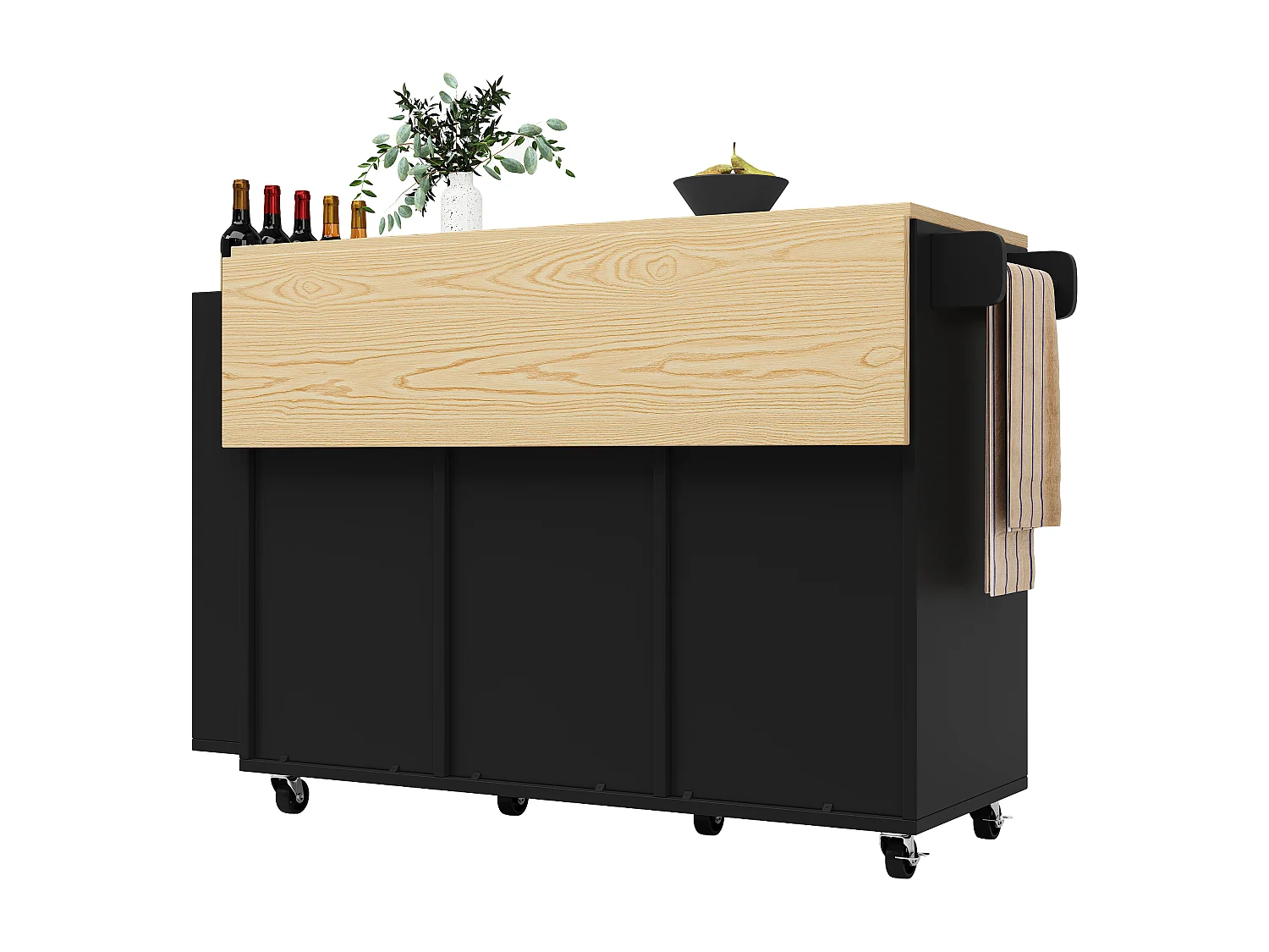 Armário de cozinha com porta - 110 x 42 x 90 cm - carrinho de cozinha com 3 gavetas - MDF - preto