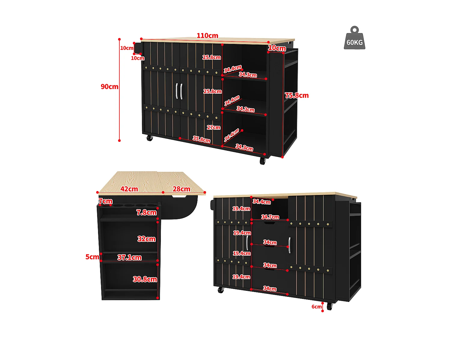 Armário de cozinha com porta - 110 x 42 x 90 cm - carrinho de cozinha com 3 gavetas - MDF - preto