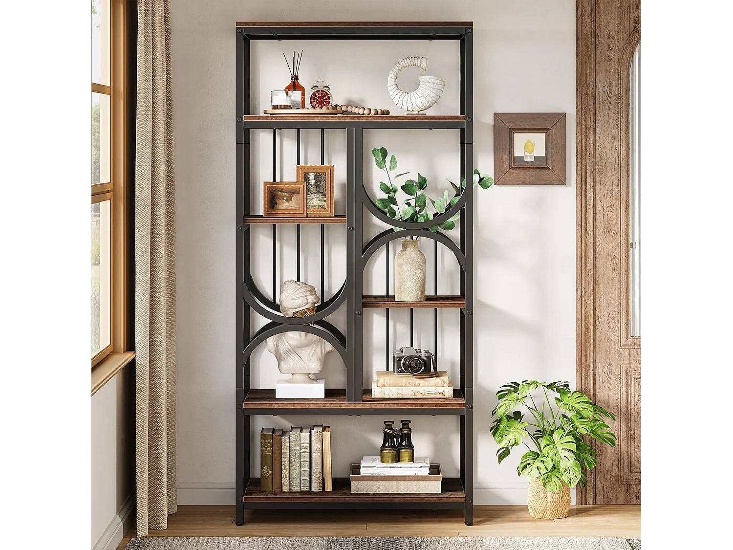 Industriële boekenkast met 5 niveaus, 180 cm displayplank, open opbergkast voor woonkamer en thuiskantoor, rustiek bruin