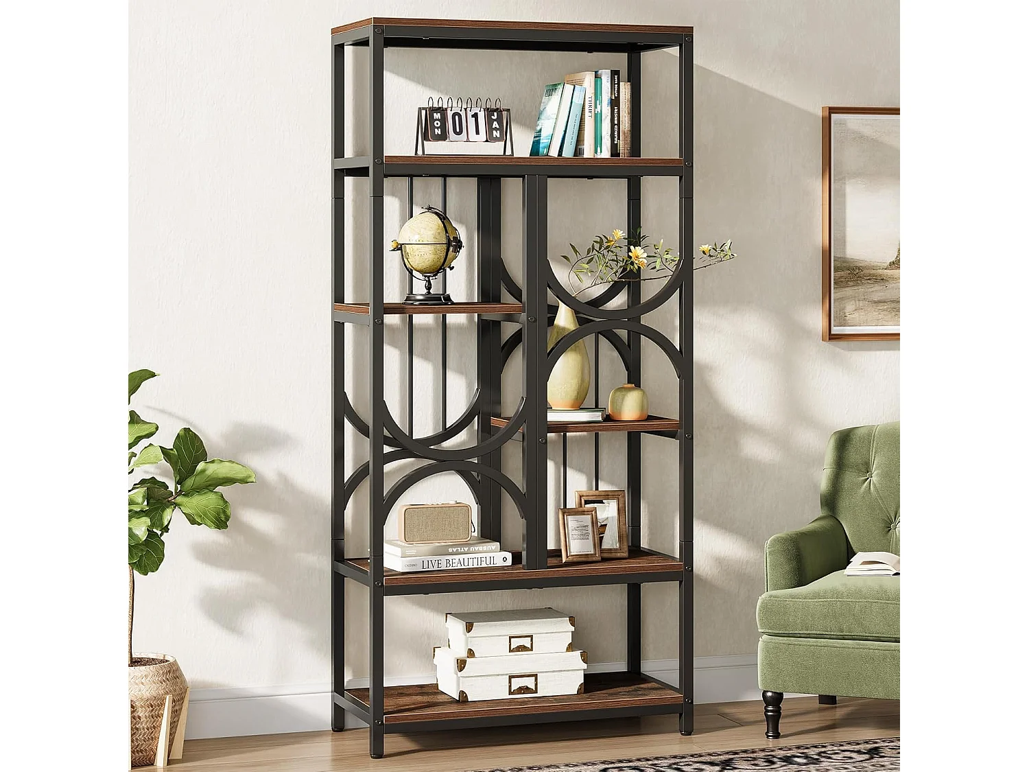 Industriële boekenkast met 5 niveaus, 180 cm displayplank, open opbergkast voor woonkamer en thuiskantoor, rustiek bruin