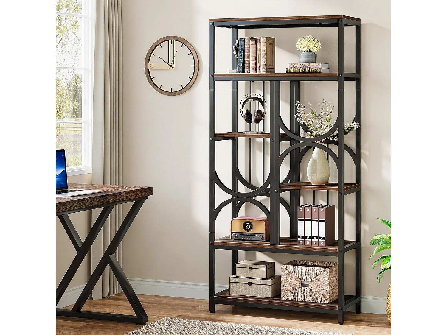 Industriële boekenkast met 5 niveaus, 180 cm displayplank, open opbergkast voor woonkamer en thuiskantoor, rustiek bruin