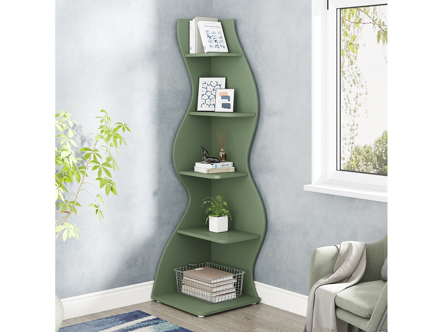 Étagère d'angle moderne à 5 niveaux, petite bibliothèque d'angle élégante avec forme unique pour salon, bureau à domicile (vert sauge, 1 pièce)