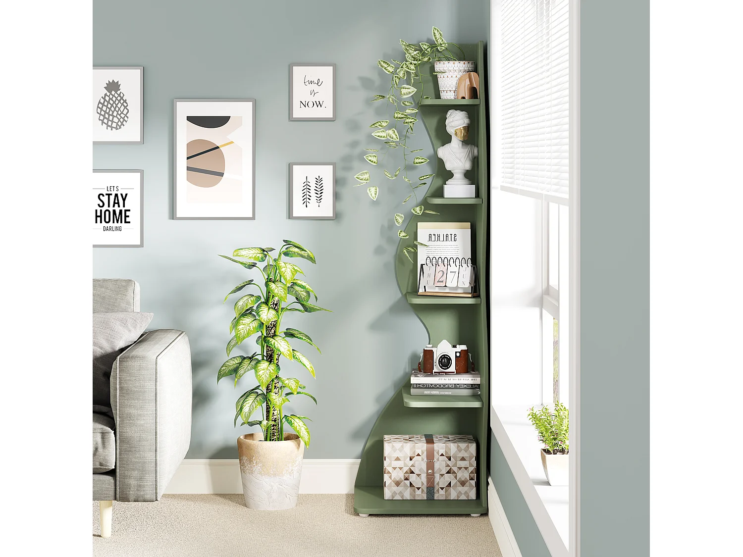 Étagère d'angle moderne à 5 niveaux, petite bibliothèque d'angle élégante avec forme unique pour salon, bureau à domicile (vert sauge, 1 pièce)