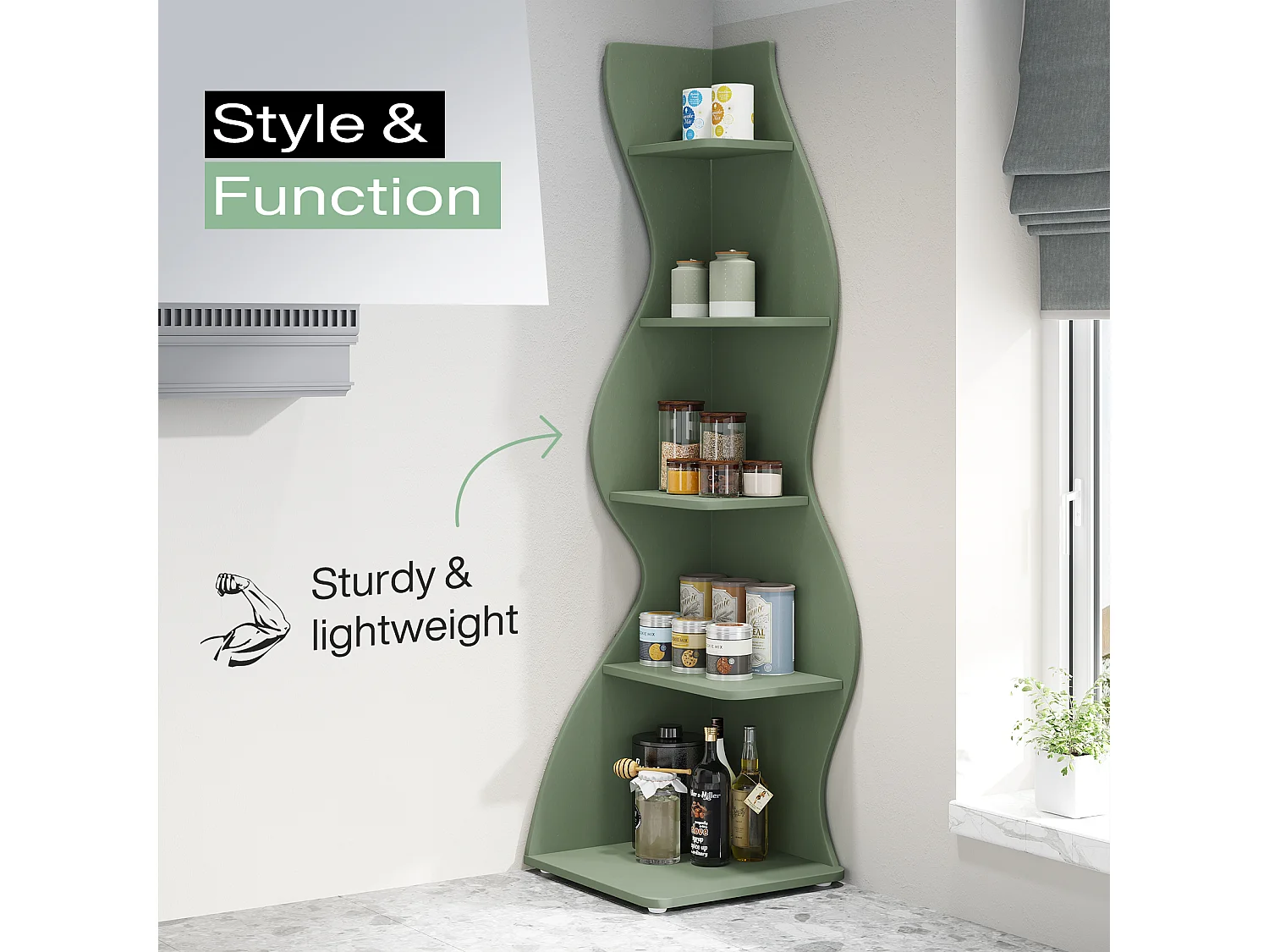 Étagère d'angle moderne à 5 niveaux, petite bibliothèque d'angle élégante avec forme unique pour salon, bureau à domicile (vert sauge, 1 pièce)