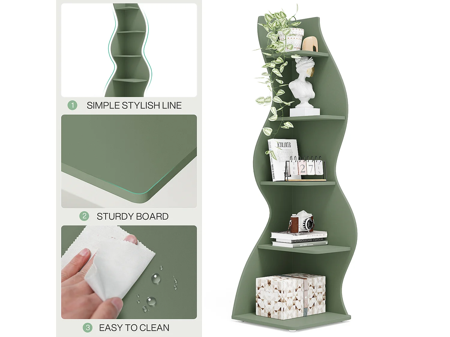 Étagère d'angle moderne à 5 niveaux, petite bibliothèque d'angle élégante avec forme unique pour salon, bureau à domicile (vert sauge, 1 pièce)