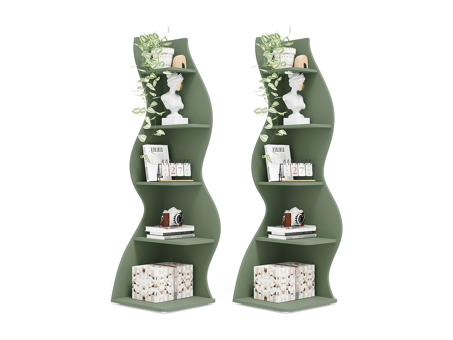 Étagère d'angle moderne à 5 niveaux, petite bibliothèque d'angle élégante avec forme unique pour salon, bureau à domicile (vert sauge, 1 pièce)