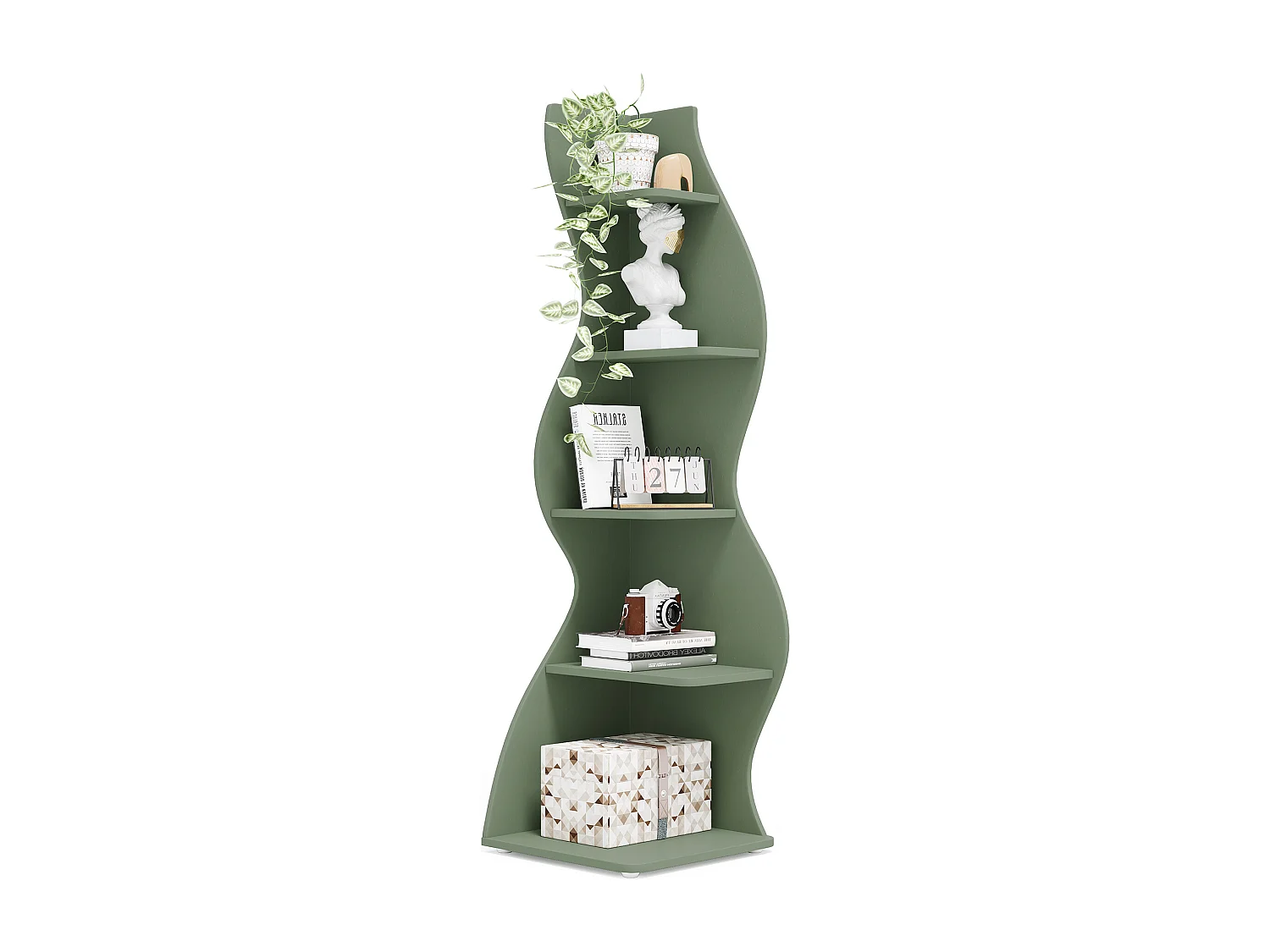 Étagère d'angle moderne à 5 niveaux, petite bibliothèque d'angle élégante avec forme unique pour salon, bureau à domicile (vert sauge, 1 pièce)