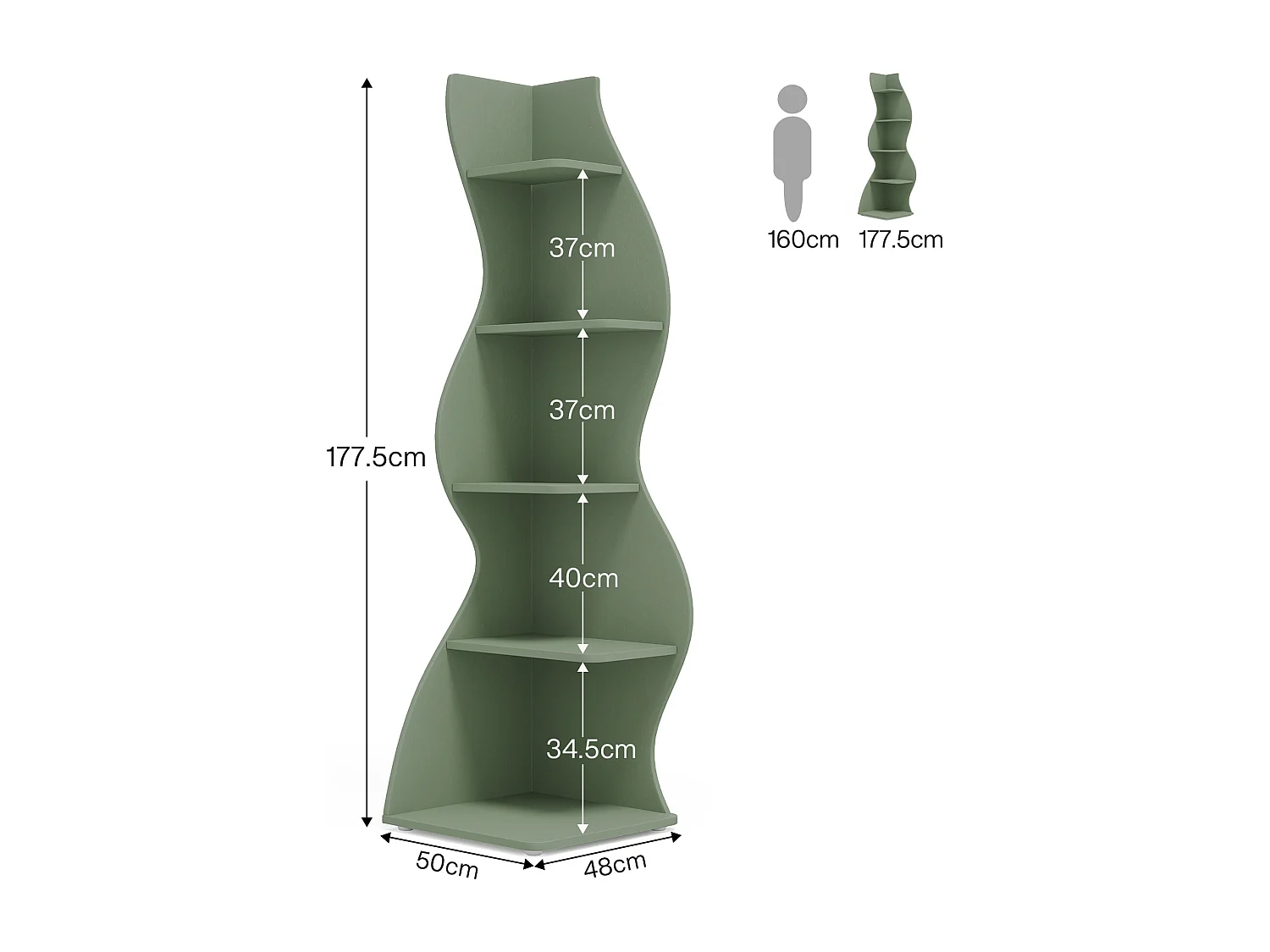 Étagère d'angle moderne à 5 niveaux, petite bibliothèque d'angle élégante avec forme unique pour salon, bureau à domicile (vert sauge, 1 pièce)