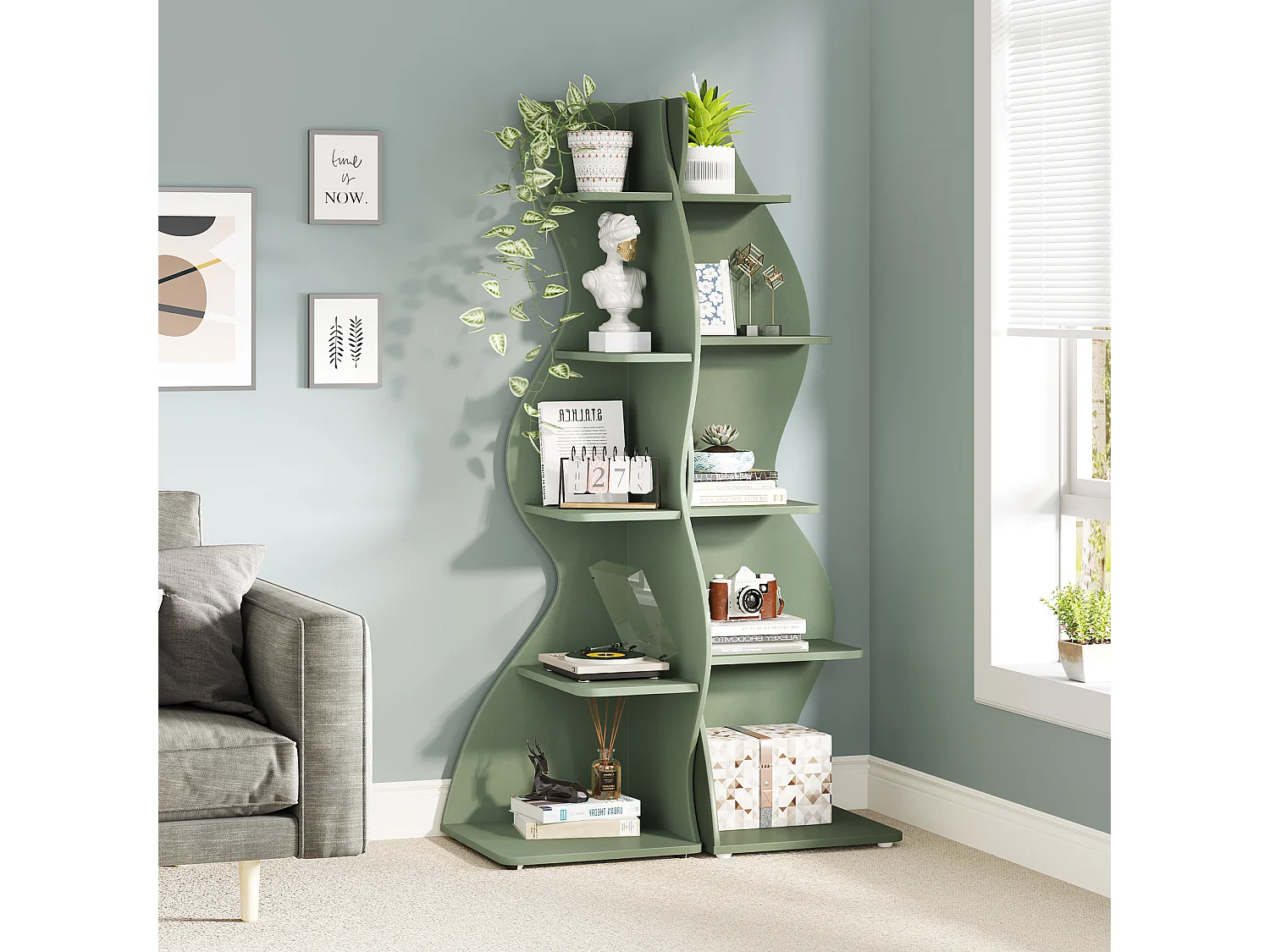 Étagère d'angle moderne à 5 niveaux, petite bibliothèque d'angle élégante avec forme unique pour salon, bureau à domicile (vert sauge, 1 pièce)