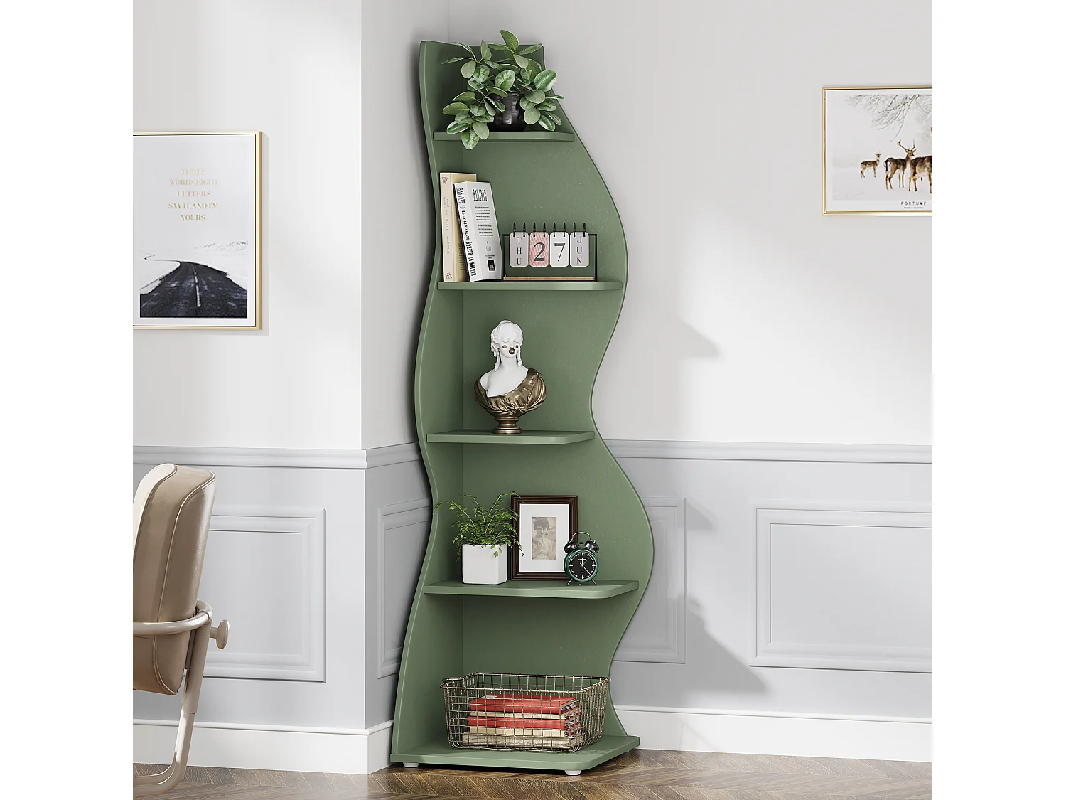 Étagère d'angle moderne à 5 niveaux, petite bibliothèque d'angle élégante avec forme unique pour salon, bureau à domicile (vert sauge, 1 pièce)