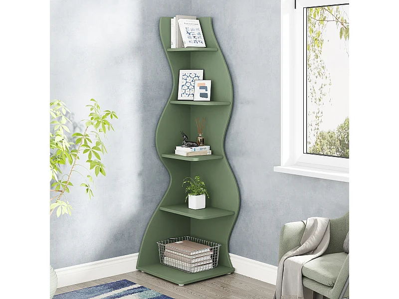 Étagère d'angle moderne à 5 niveaux, petite bibliothèque d'angle élégante avec forme unique pour salon, bureau à domicile (vert sauge, 1 pièce)
