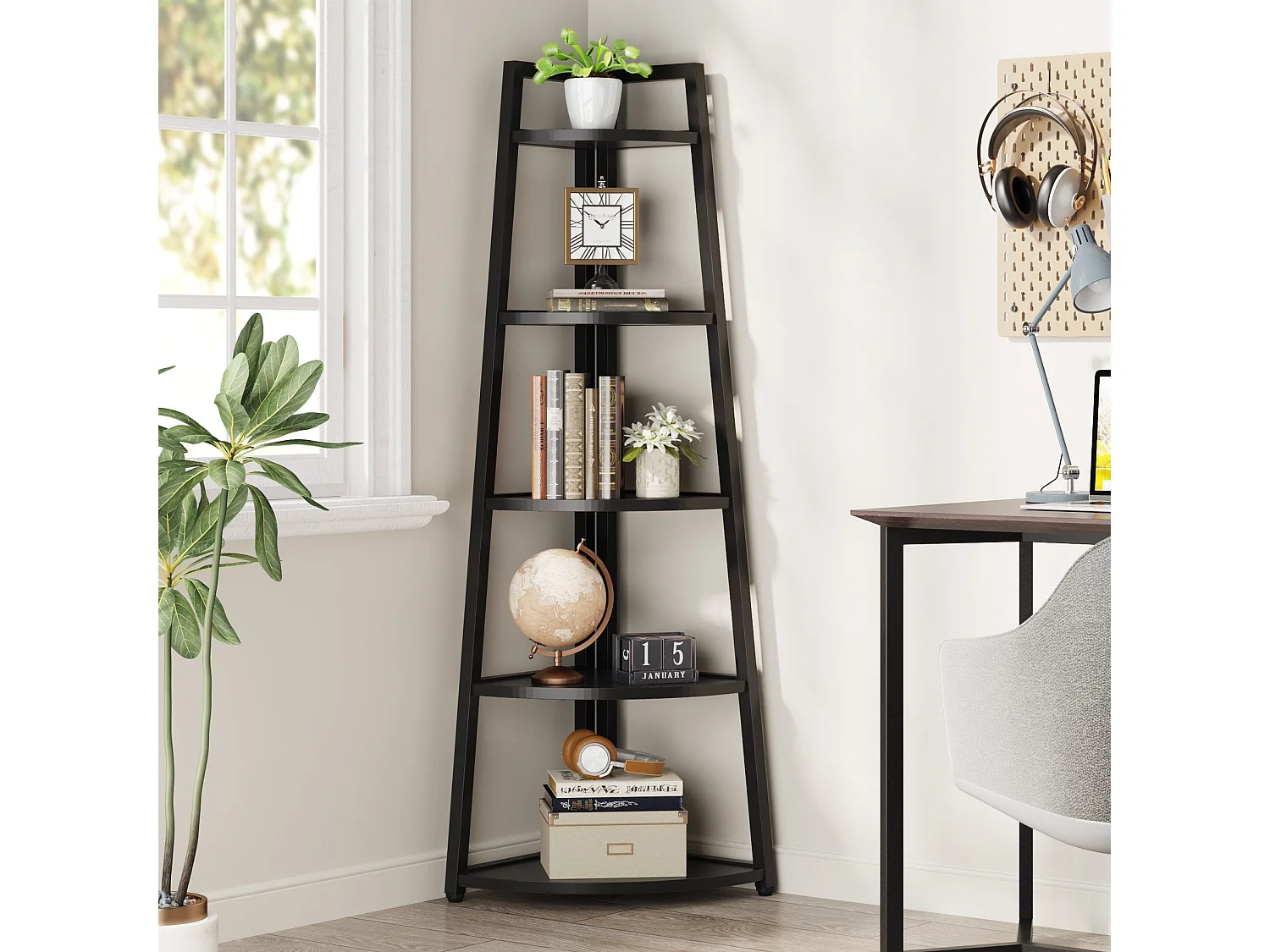 Estantería de esquina moderna de 5 niveles, de 177,8 cm de altura, biblioteca de esquina industrial, soporte para plantas, salón, cocina, oficina en casa (negro)