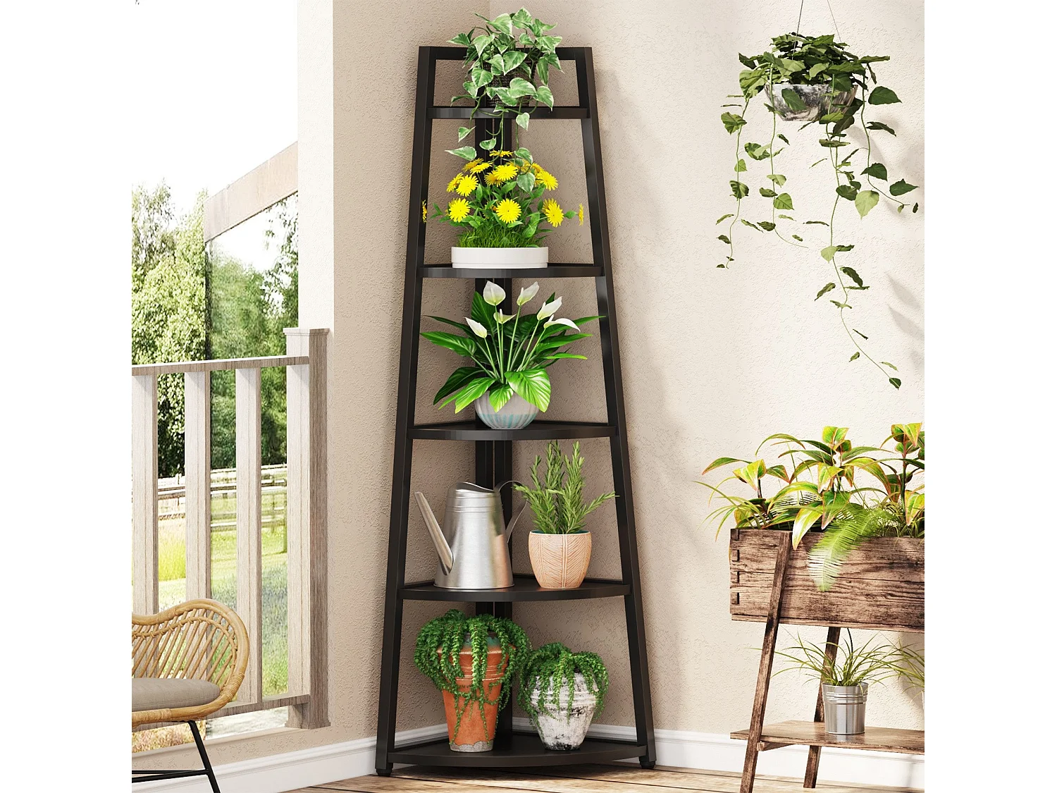 Estantería de esquina moderna de 5 niveles, de 177,8 cm de altura, biblioteca de esquina industrial, soporte para plantas, salón, cocina, oficina en casa (negro)