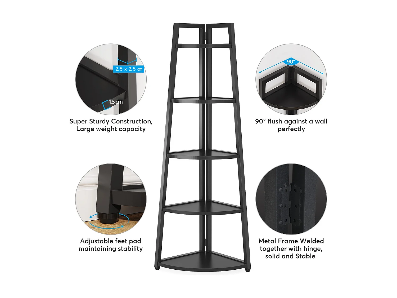 Estantería de esquina moderna de 5 niveles, de 177,8 cm de altura, biblioteca de esquina industrial, soporte para plantas, salón, cocina, oficina en casa (negro)