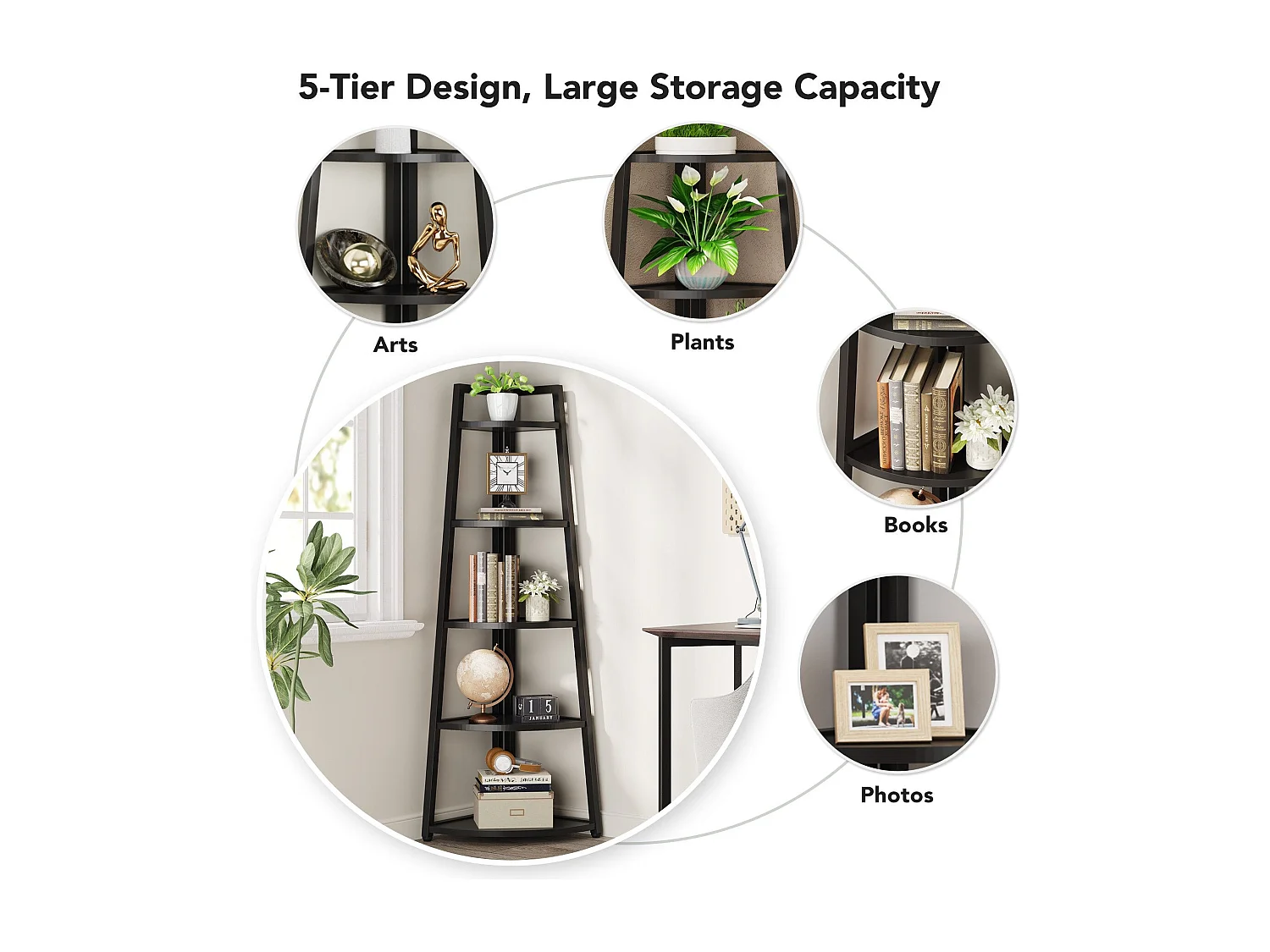 Estantería de esquina moderna de 5 niveles, de 177,8 cm de altura, biblioteca de esquina industrial, soporte para plantas, salón, cocina, oficina en casa (negro)