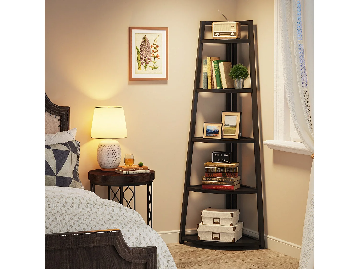 Estantería de esquina moderna de 5 niveles, de 177,8 cm de altura, biblioteca de esquina industrial, soporte para plantas, salón, cocina, oficina en casa (negro)