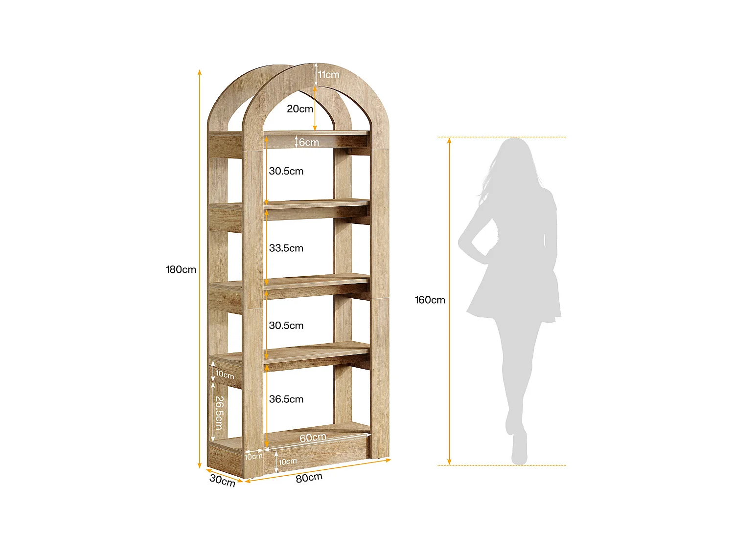 5-poziomowy regał w kształcie łuku, wysokość 180 cm, półka biurowa, salon, przechowywanie