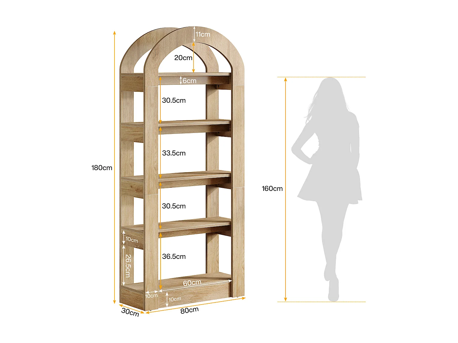 Bibliothèque à 5 étages en forme d'arc, 180 cm de haut, étagère de bureau, pour salon, rangement