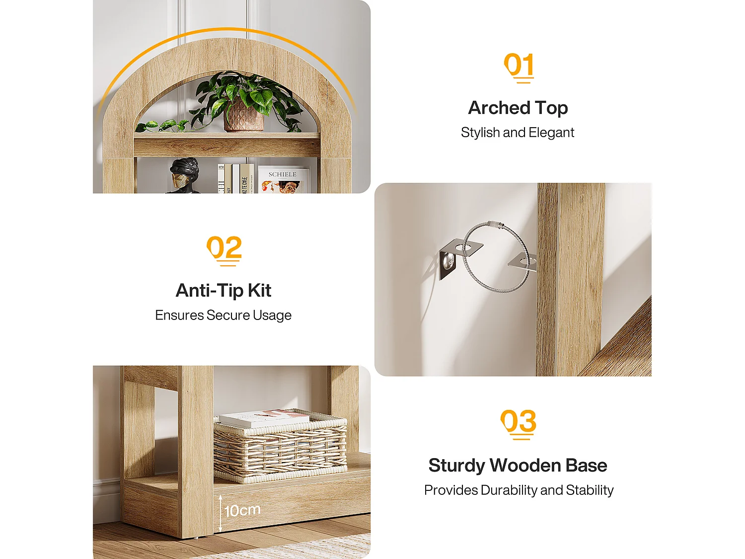 Bibliothèque à 5 étages en forme d'arc, 180 cm de haut, étagère de bureau, pour salon, rangement