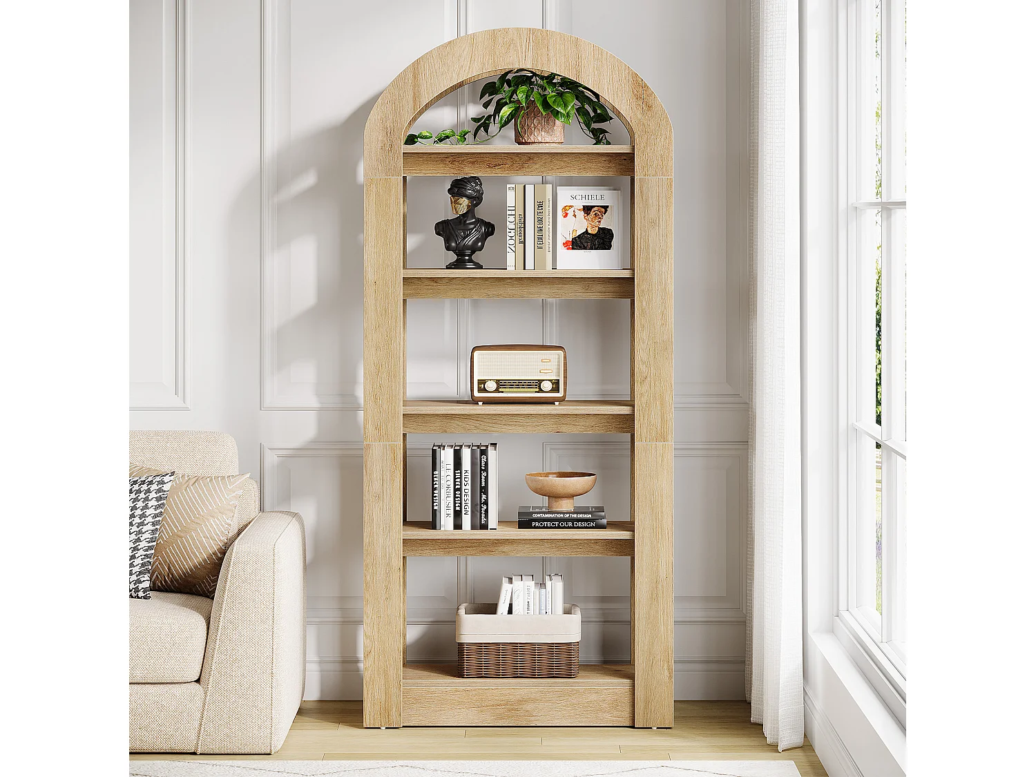Bibliothèque à 5 étages en forme d'arc, 180 cm de haut, étagère de bureau, pour salon, rangement