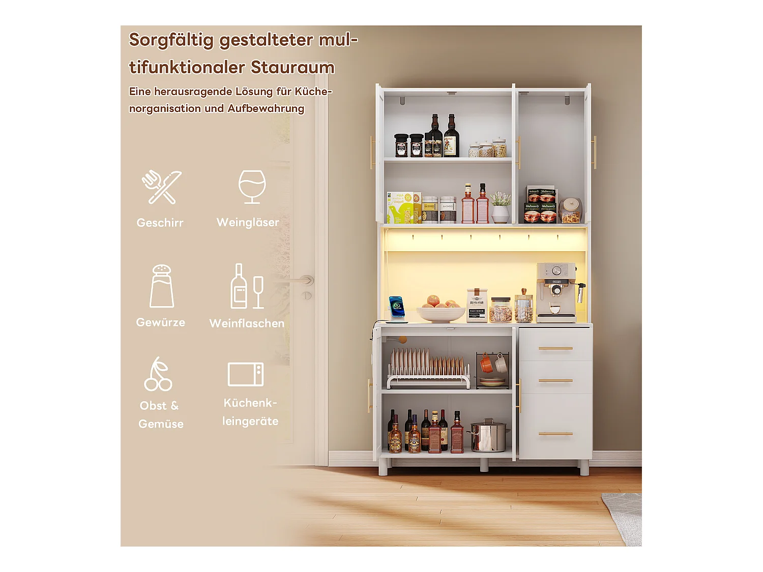 Keuken dressoir met LED's - 100 x 40 x 183 cm - met USB + stopcontacten + verstelbare planken + 3 lades - MDF - wit