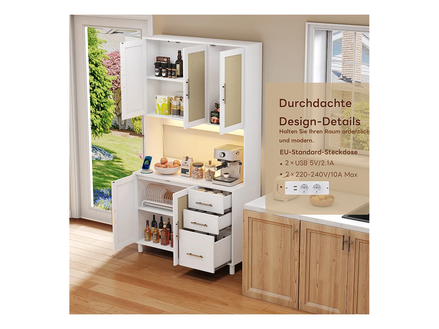 Keuken dressoir met LED's - 100 x 40 x 183 cm - met USB + stopcontacten + verstelbare planken + 3 lades - MDF - wit