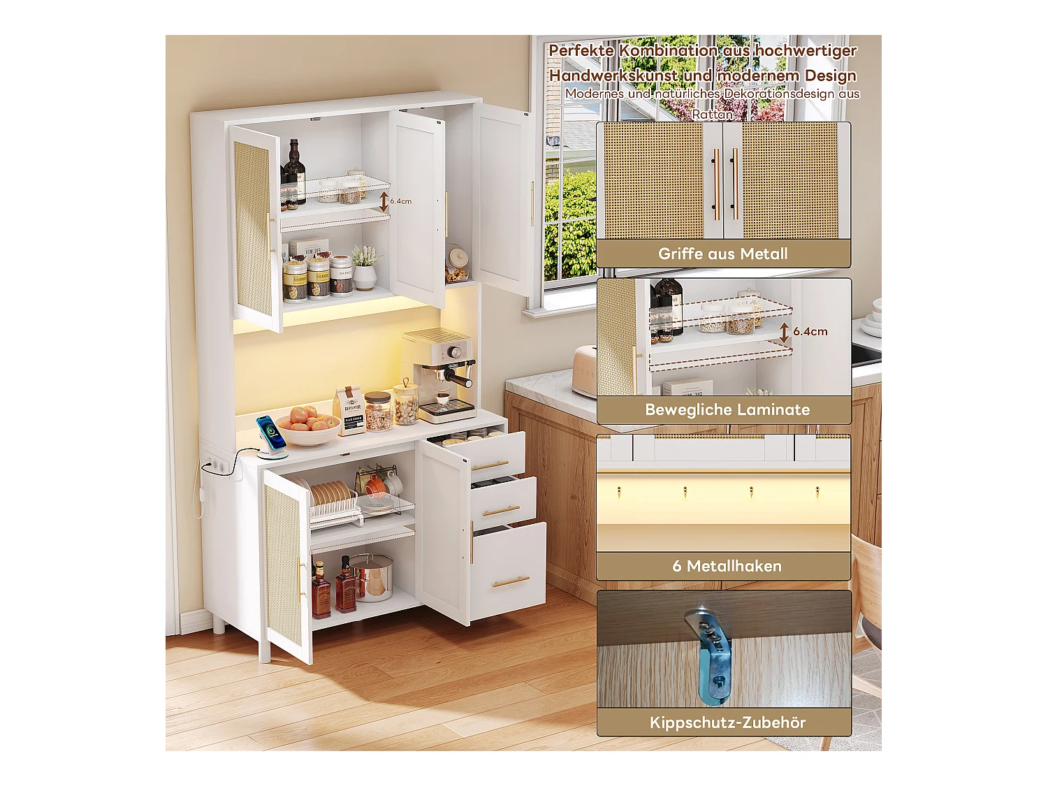 Keuken dressoir met LED's - 100 x 40 x 183 cm - met USB + stopcontacten + verstelbare planken + 3 lades - MDF - wit