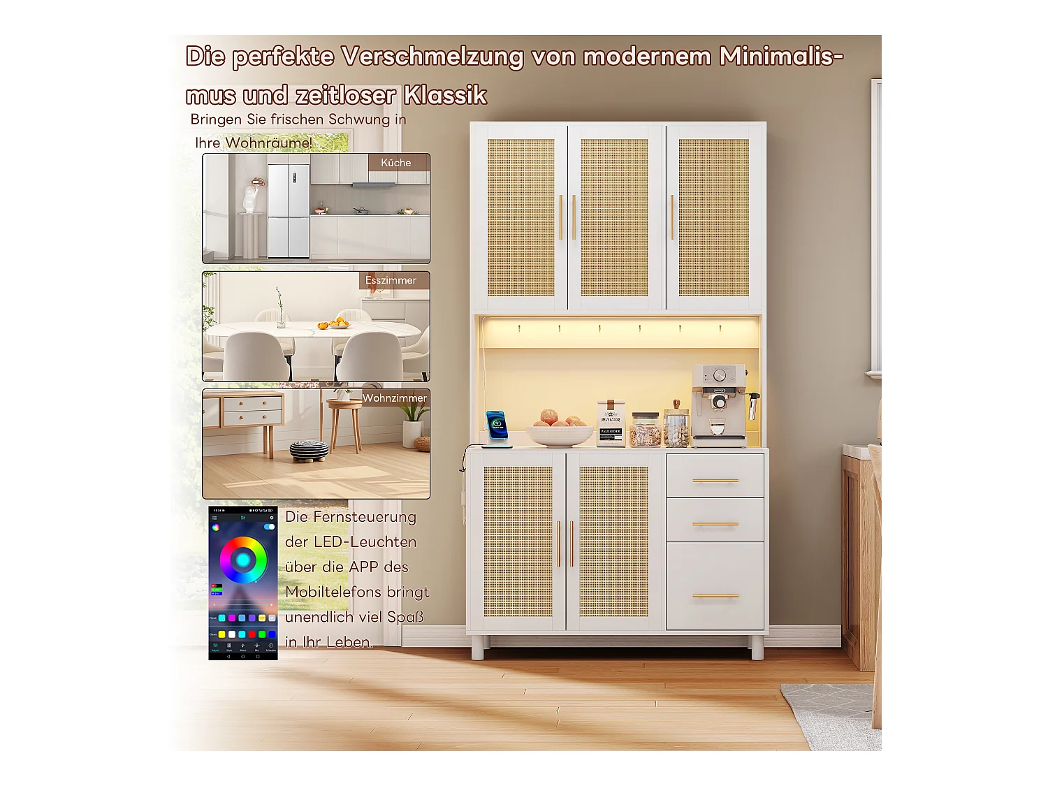 Keuken dressoir met LED's - 100 x 40 x 183 cm - met USB + stopcontacten + verstelbare planken + 3 lades - MDF - wit