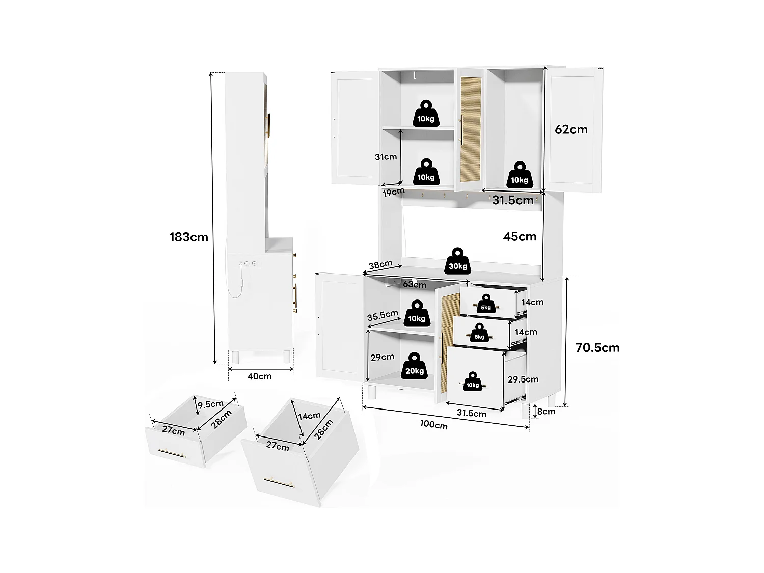 Keuken dressoir met LED's - 100 x 40 x 183 cm - met USB + stopcontacten + verstelbare planken + 3 lades - MDF - wit