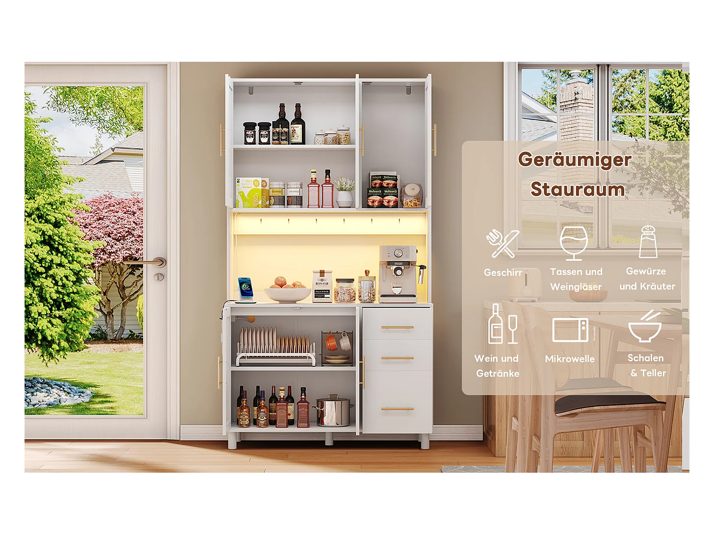 Keuken dressoir met LED's - 100 x 40 x 183 cm - met USB + stopcontacten + verstelbare planken + 3 lades - MDF - wit