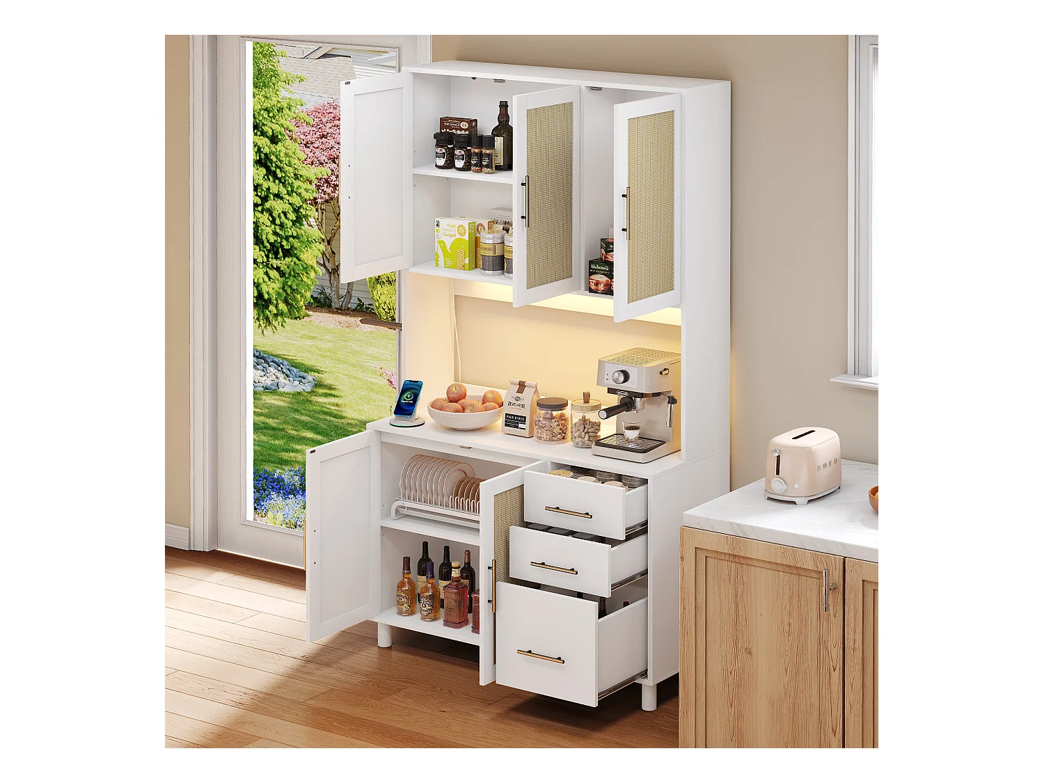 Keuken dressoir met LED's - 100 x 40 x 183 cm - met USB + stopcontacten + verstelbare planken + 3 lades - MDF - wit